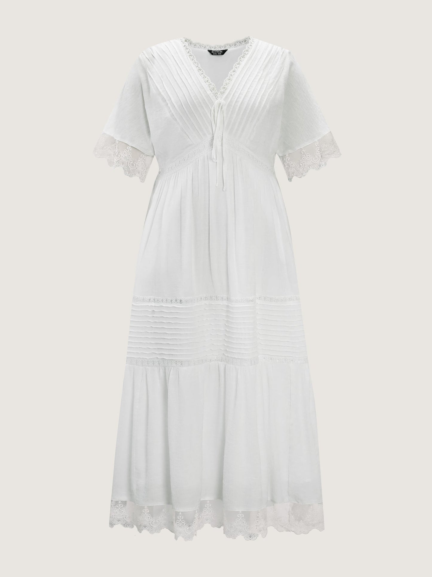 Pleated Neckline Romantic Lace Ruffled Maxi Dress
