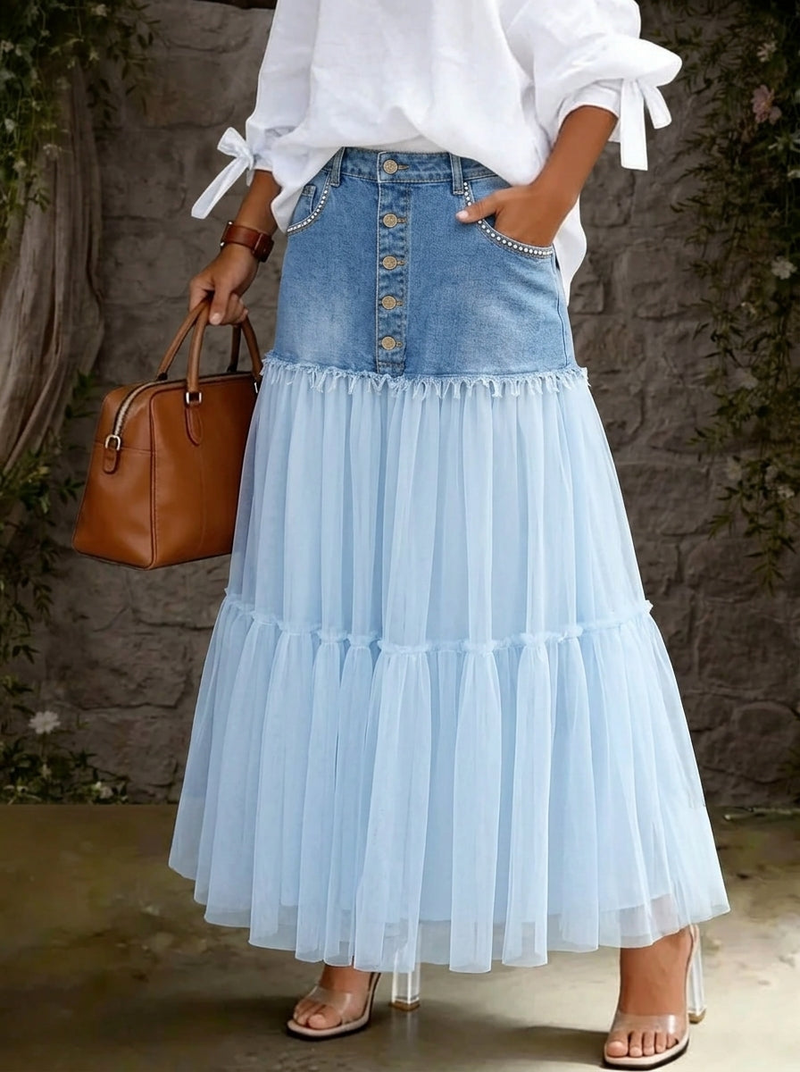 Women’s Stylish Denim Patchwork Gauze Skirt