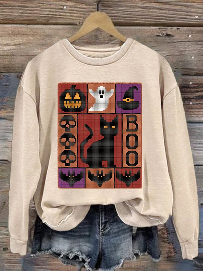 Women's Pumpkin Face Cat Print Casual Sweatshirt