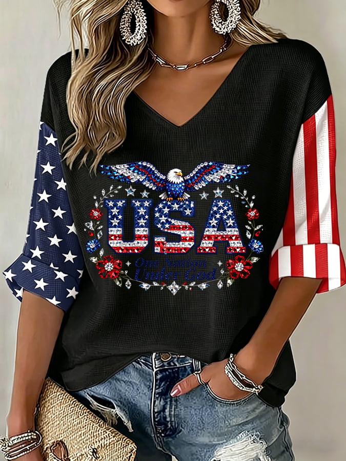 Women's USA 250 Years One Nation Under God Print V Neck Top
