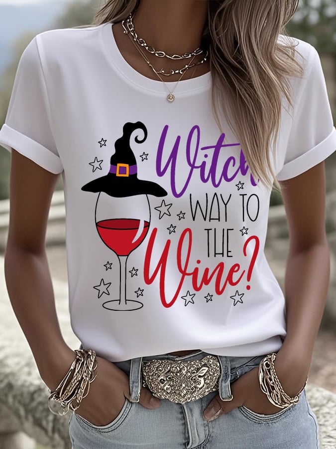 🔥HOT SALE🔥Women's Witch Way To The Wine Printed Round Neck T-Shirt