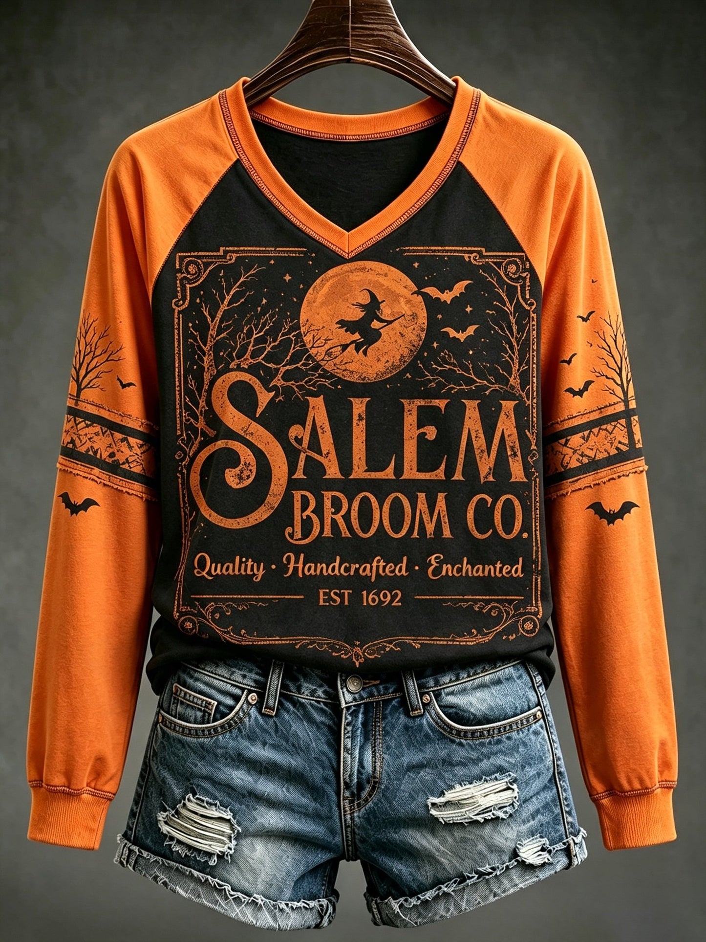 Women's Halloween Salem Broom Co. Quality Handcrafted. Enchanted Est 1692 Print Sweatshirt