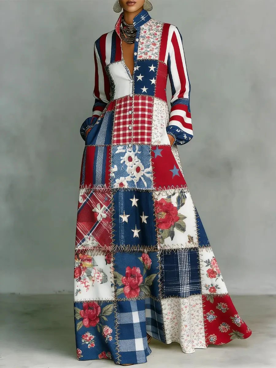 Women's Vintage American Flag & Floral Art Casual Maxi Dress
