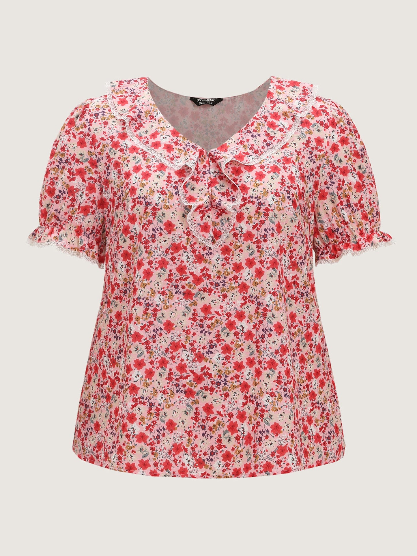 Sweet Floral Print Lettuce Leaf Detail Blouse