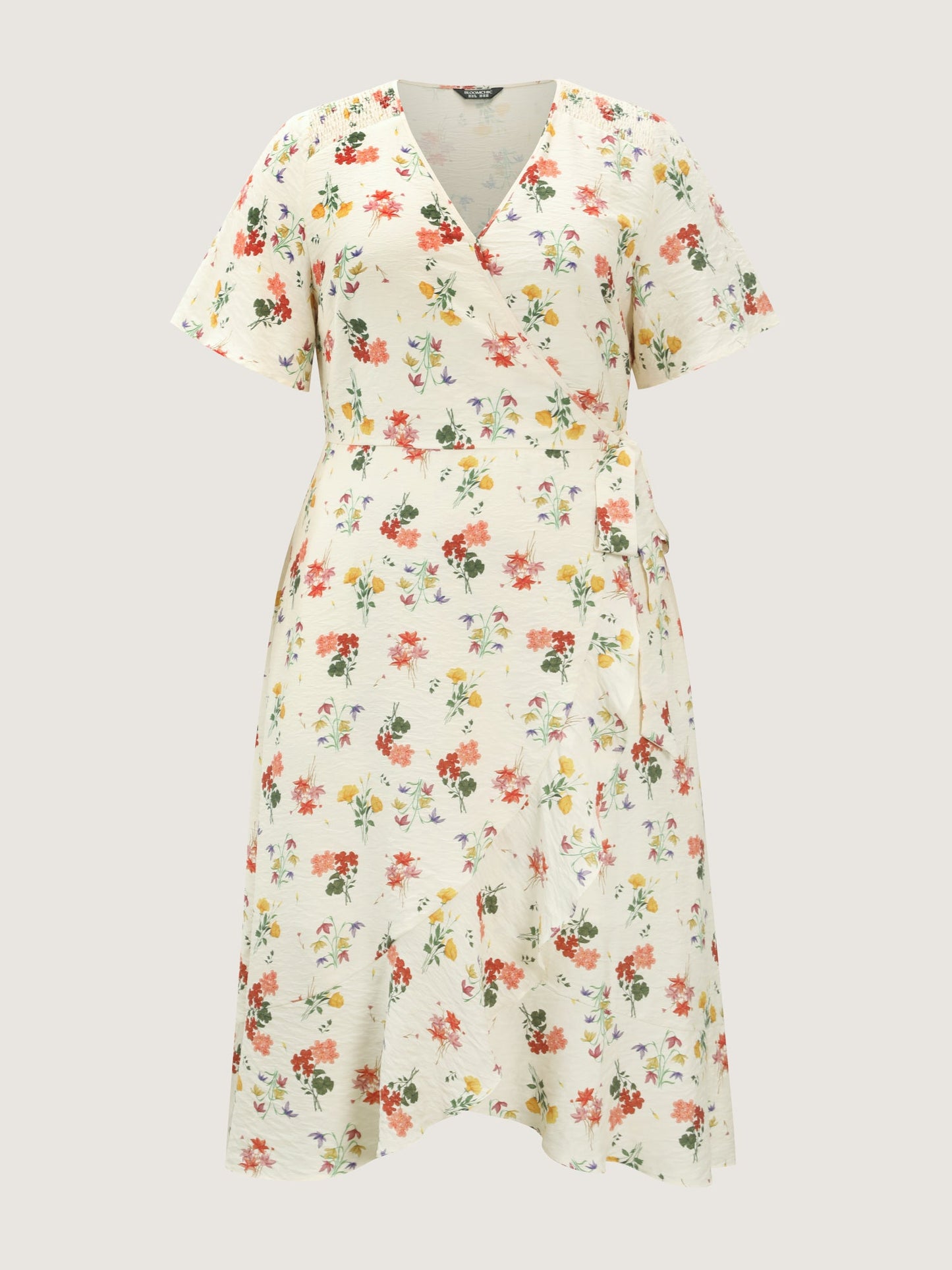 Floral Print Wrap Neckline Pockets Midi Dress