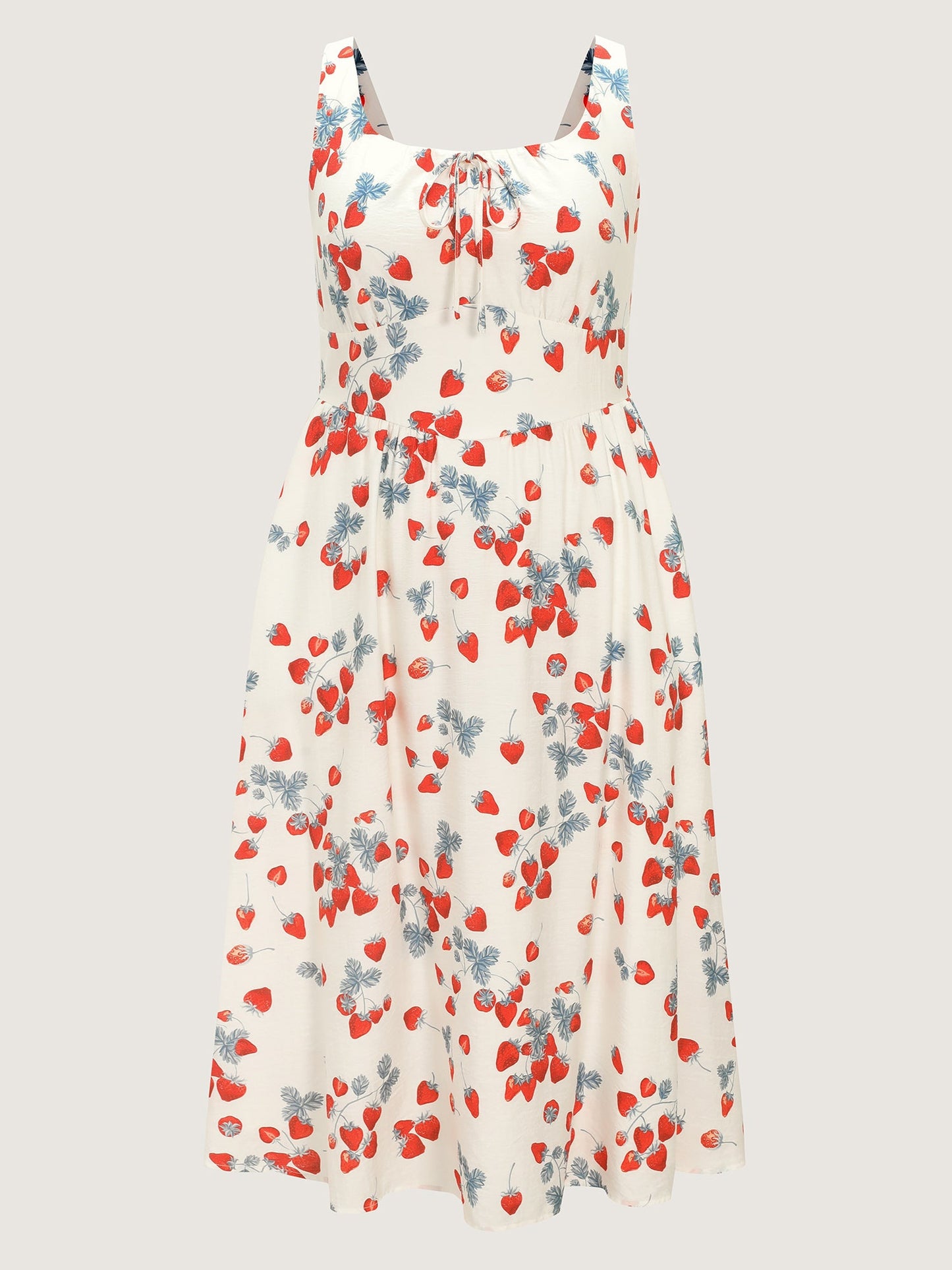 Strawberry Print Cinched-Waist Midi Dress