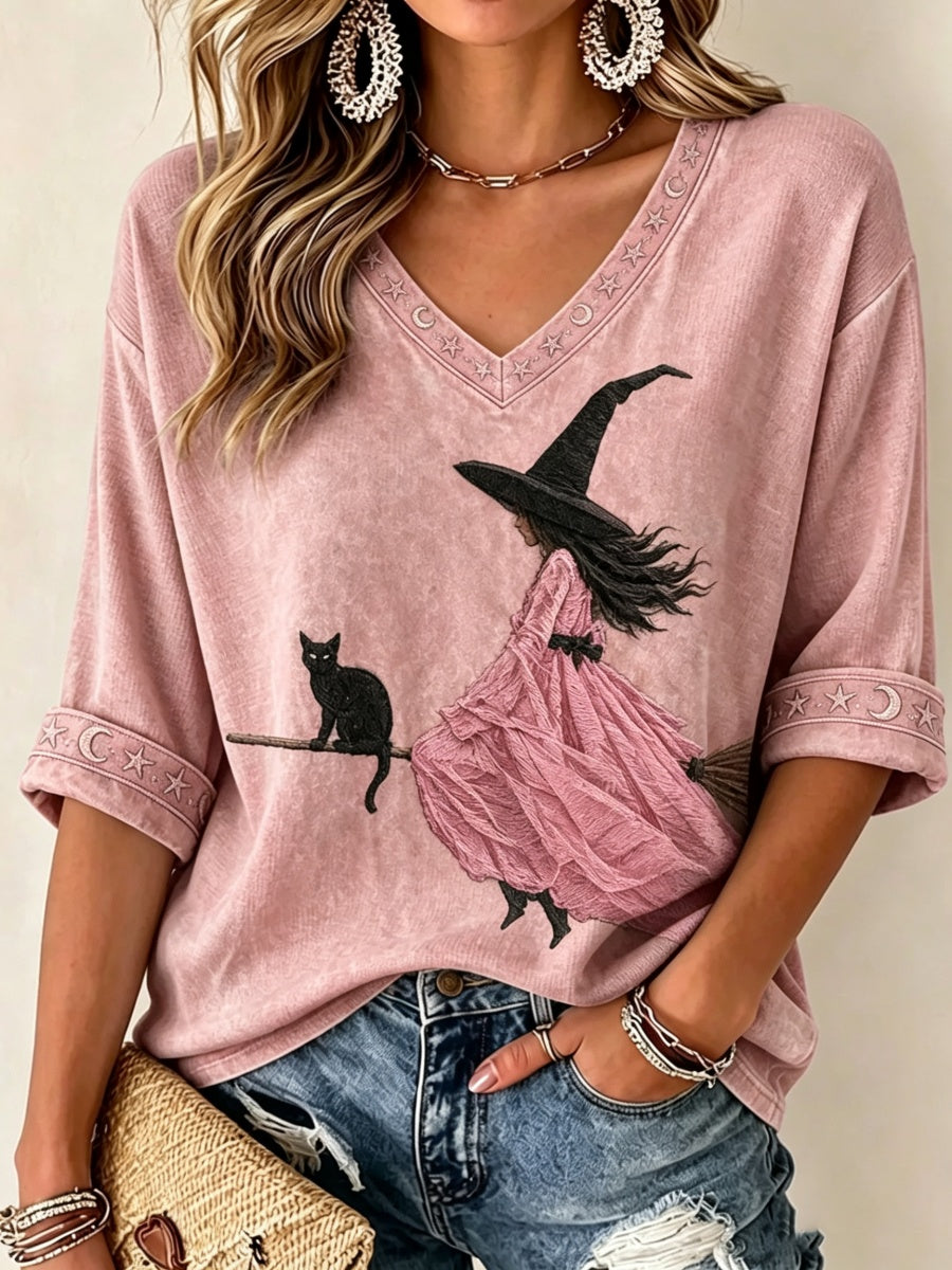 Women'S Pink Witch-Themed Print Waffle V-Neck Top