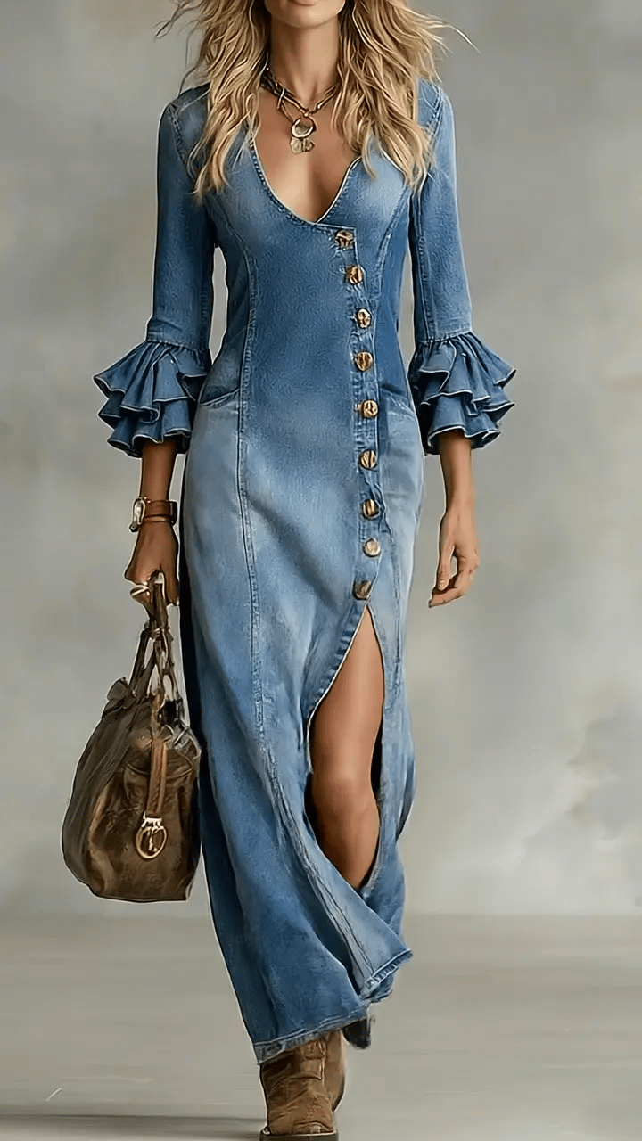 Women's V-neck Single-breasted Side-slit Denim Long-sleeved Maxi Dress