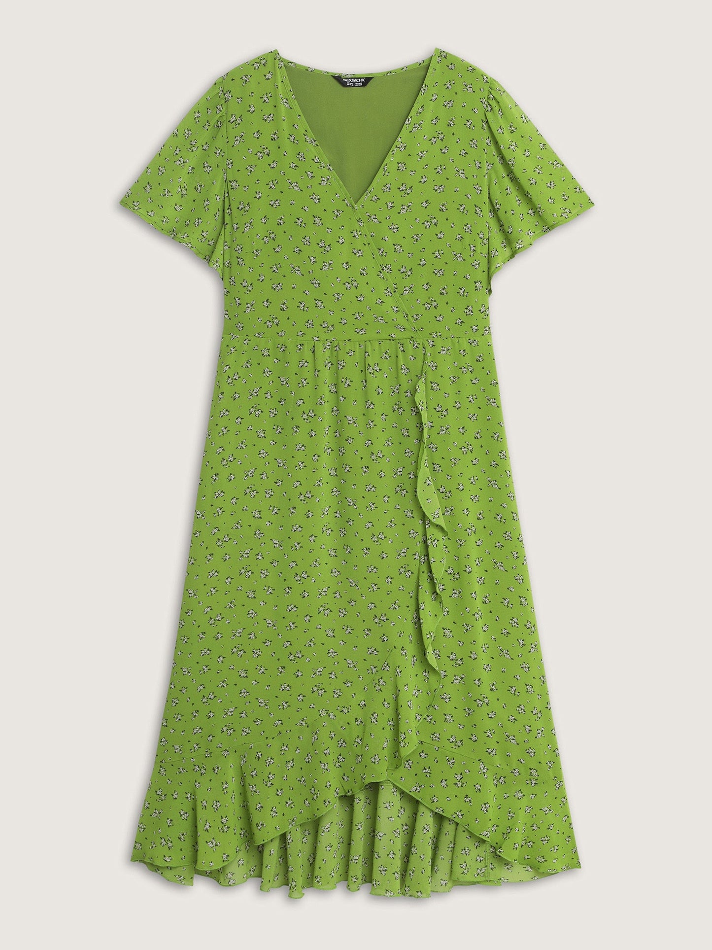 Floral Print Wrap Neck Ruffled Edge Midi Dress