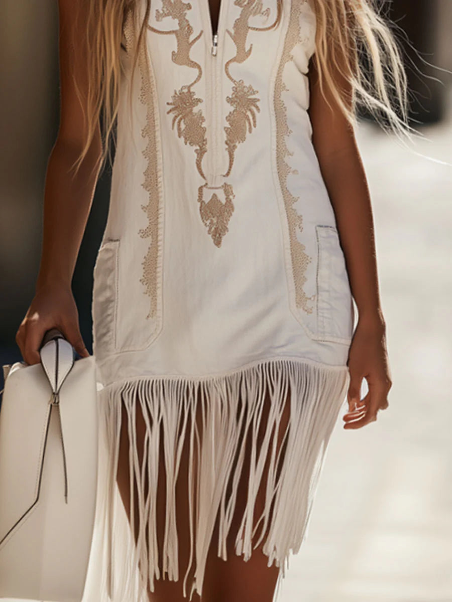 Daily White Stand-Up Collar Strappy Western Embroidery Denim Mini Dresses
