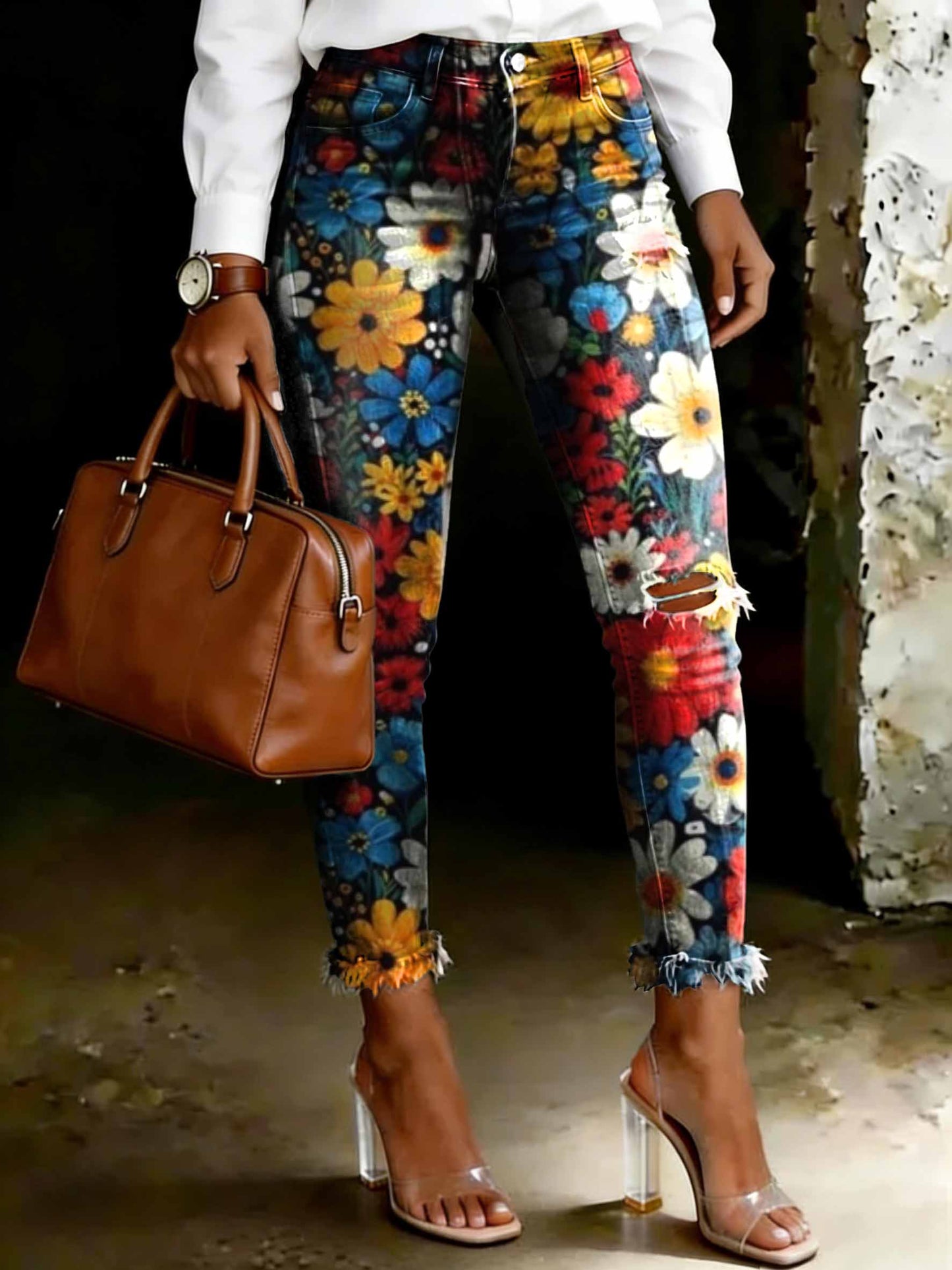 Women's Retro Colorful Floral Art Print Ripped Skinny Jeans