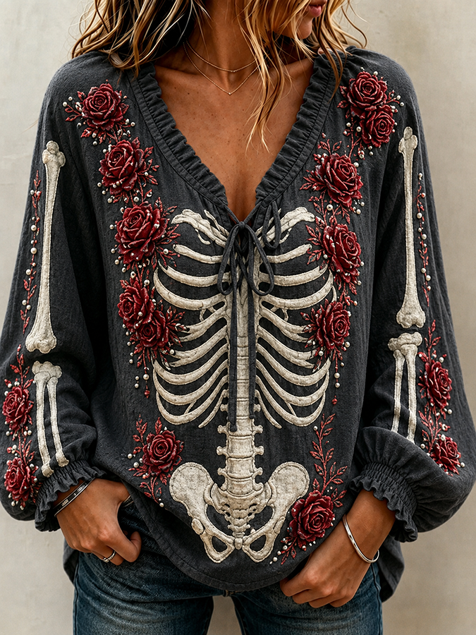 Women'S Halloween Skull Printed Tie Shirt