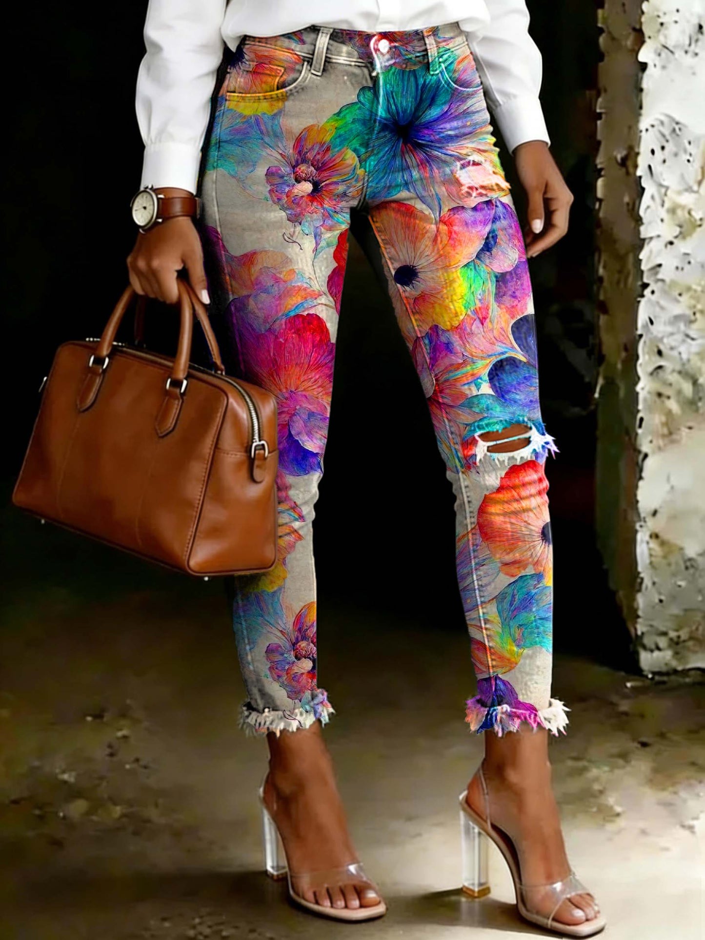 Women's Colorful Floral Print Ripped Skinny Jeans