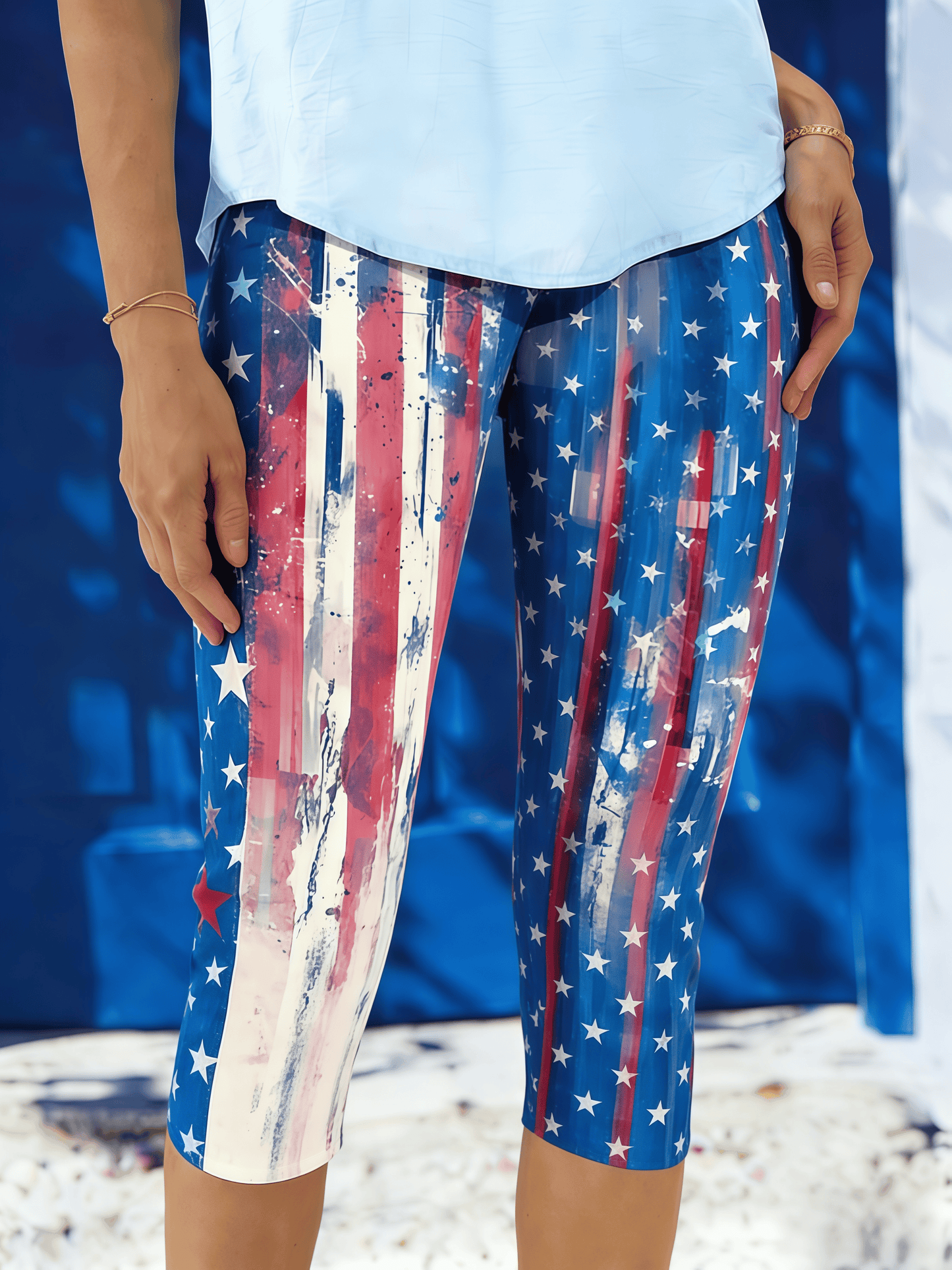 Women's American Patriotic Capri Leggings | Red White Blue Floral Flag Print Stretch Mid-Calf Pants