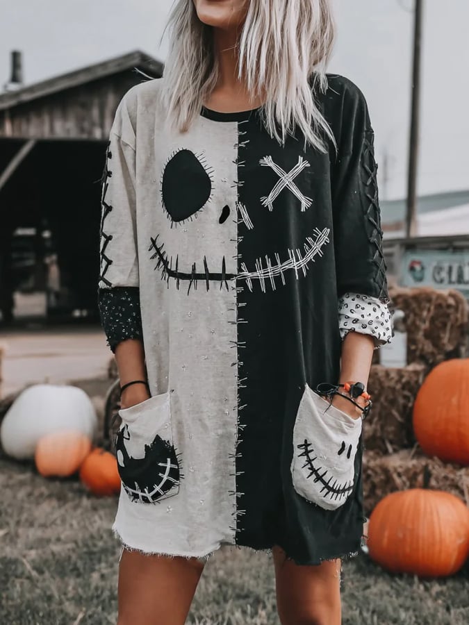 Women's Halloween Spooky Face Pattern Casual Crew Neck T-Shirt