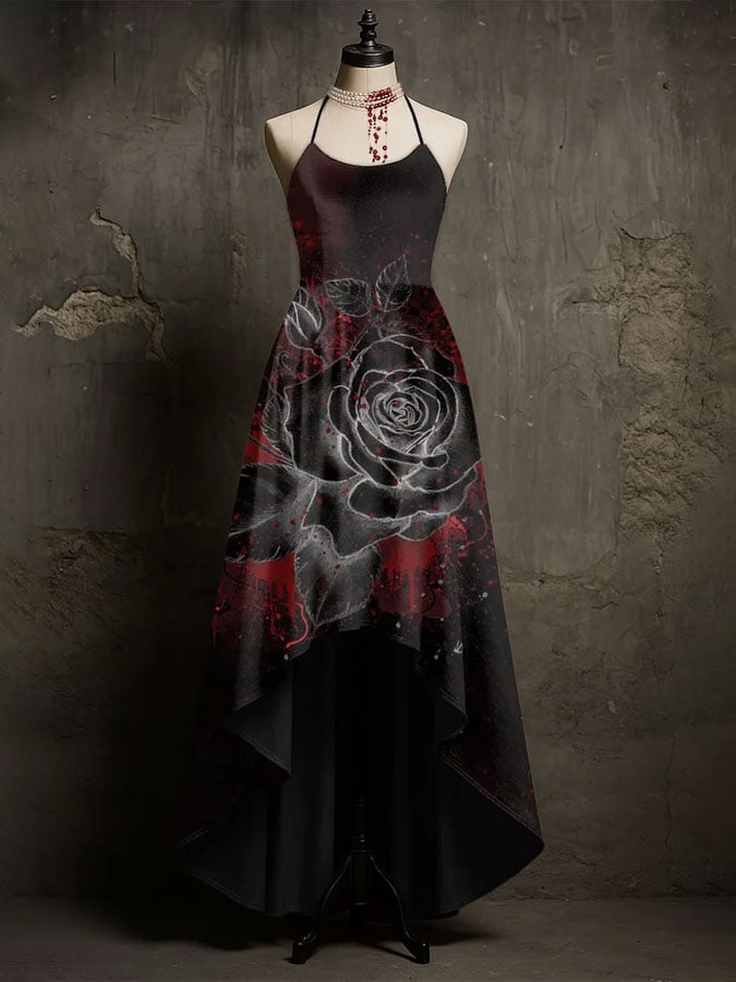 Women's Abstract Gothic Red Rose Printed Sleeveless Dress
