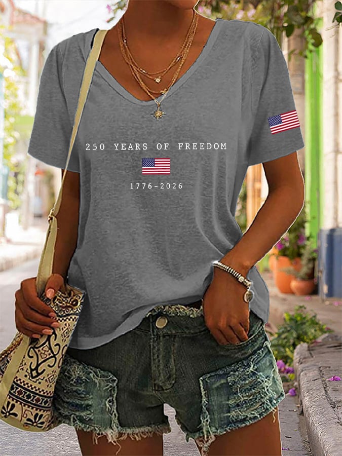 Women's America Flag Print V-neck T-shirt