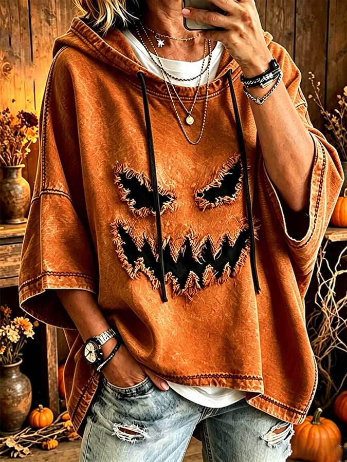 Women's Halloween Scary Pumpkin Face Art Print Hooded Sweatshirt
