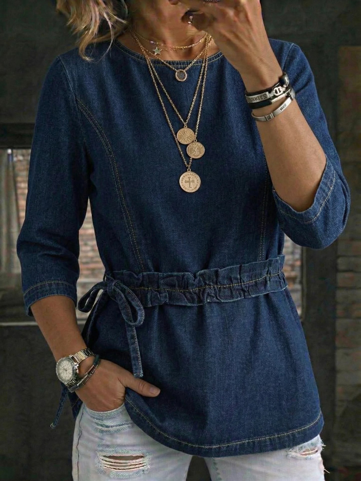 Women's Fashionable Round-neck Lace-trimmed Waist-tied Denim Shirt