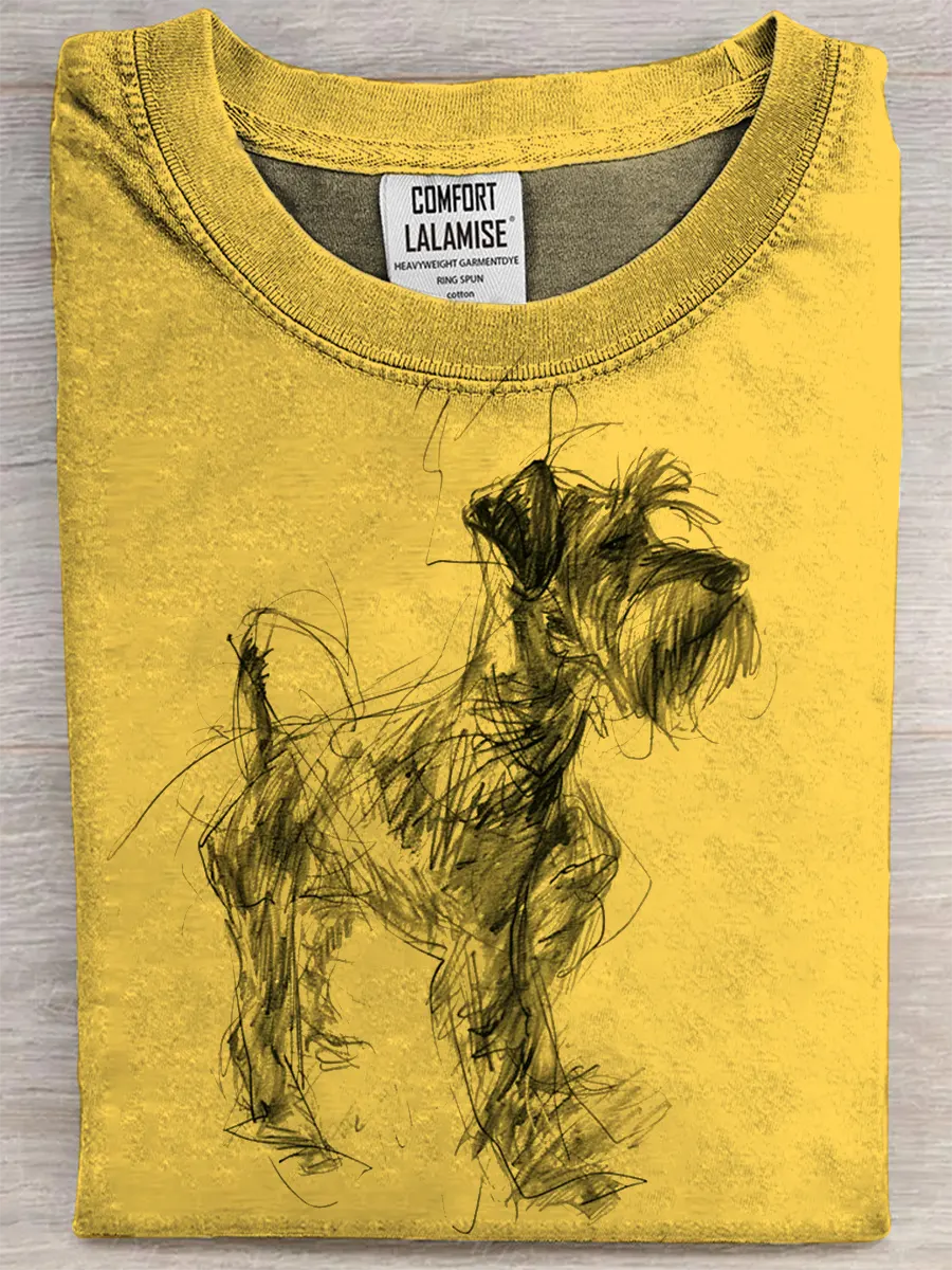 Retro Schnauzer Abstract Art Print Casual Pure Cotton Short Sleeved T-shirt