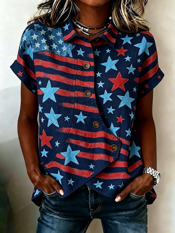 Women's Casual Retro Cotton-Linen Patriotic Shirt