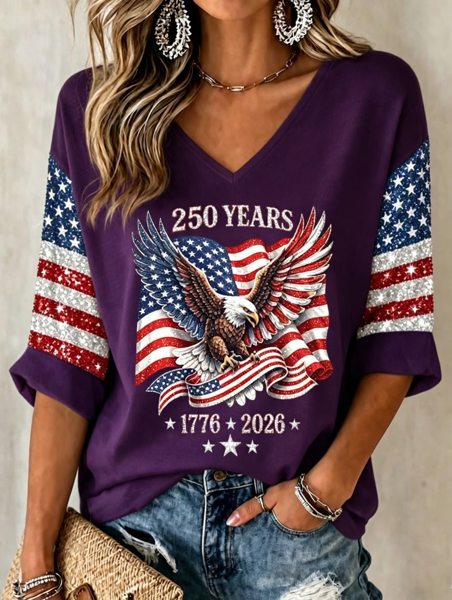 Women'S Retro Independence Day Faith Rose Pattern Casual V-Neck T-Shirt