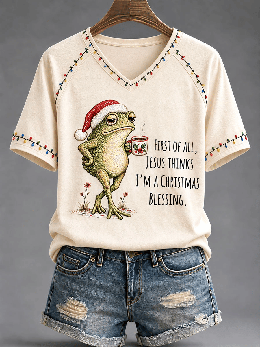 Women's First Of All Jesus Think's I'm A Christmas Blessing Print V-neck off-shoulder short-sleeved T-shirt