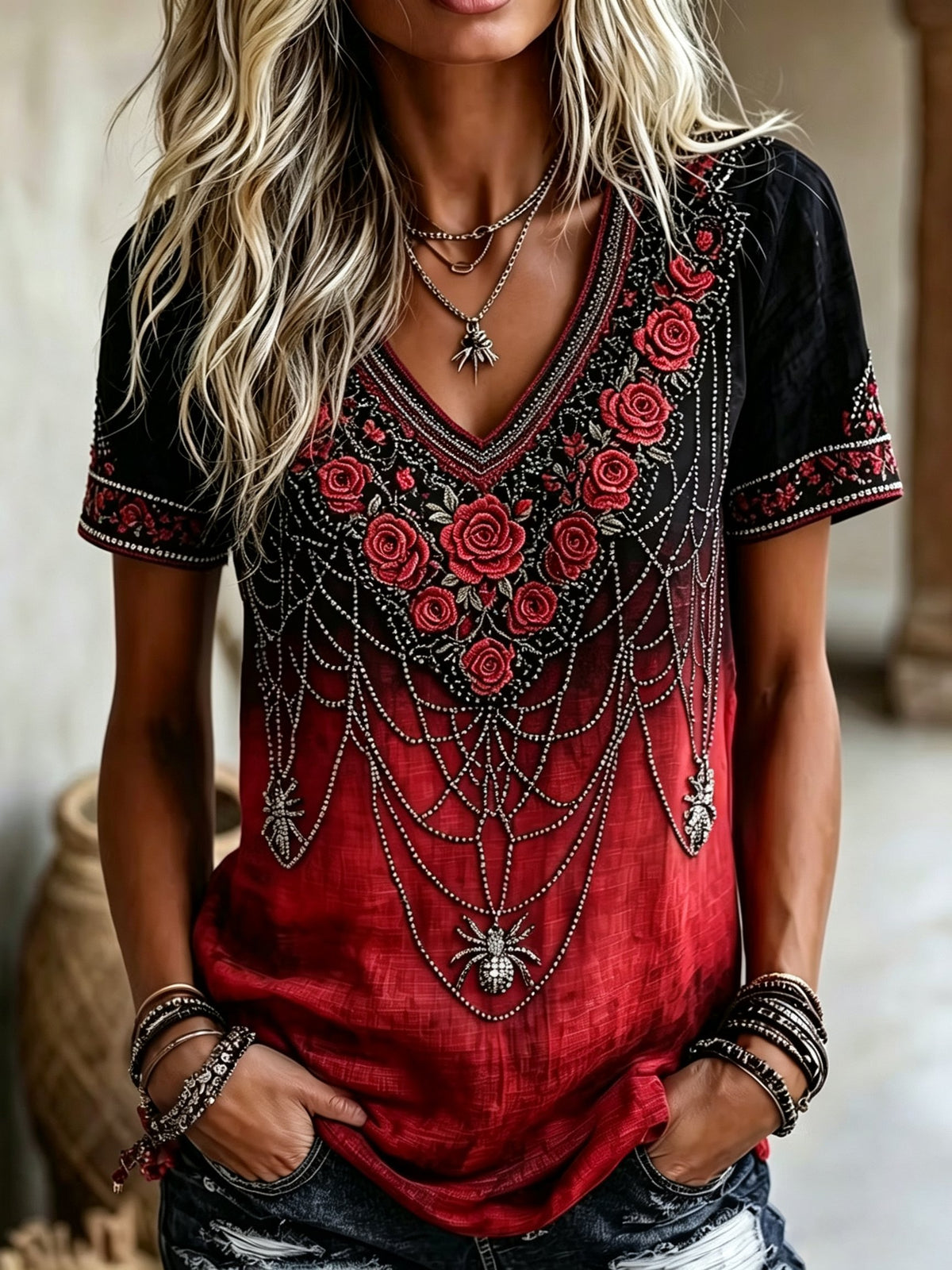 Women's Vintage Floral and Spider Print Halloween V-Neck Top