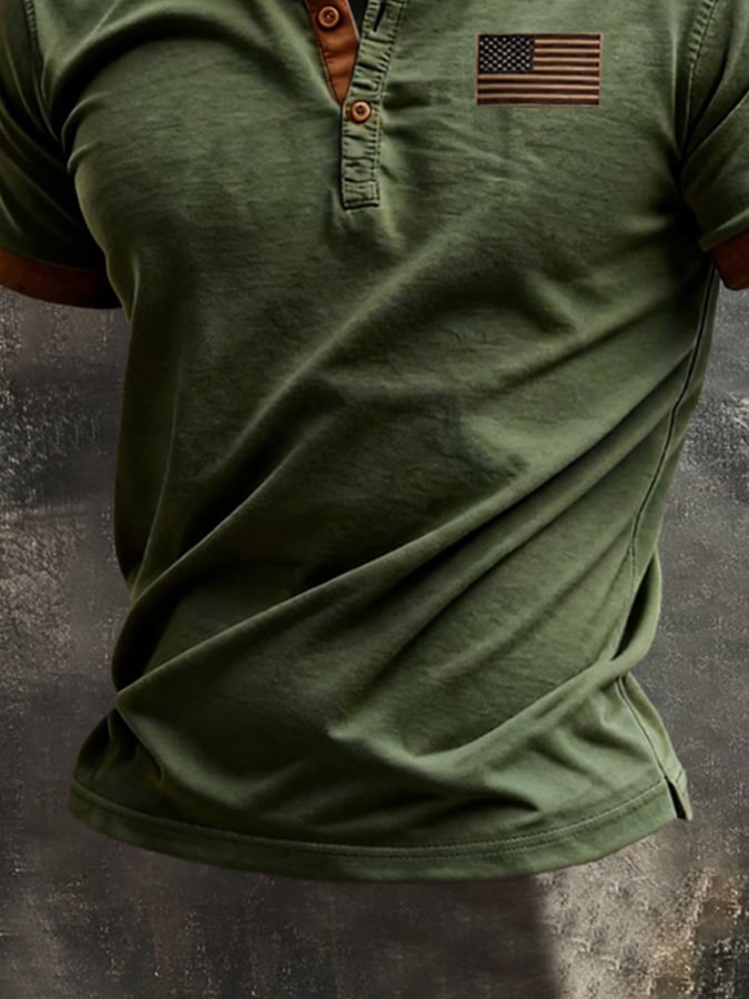 Men's Retro Color-Block Spliced Casual Short-Sleeve Henley T-Shirt