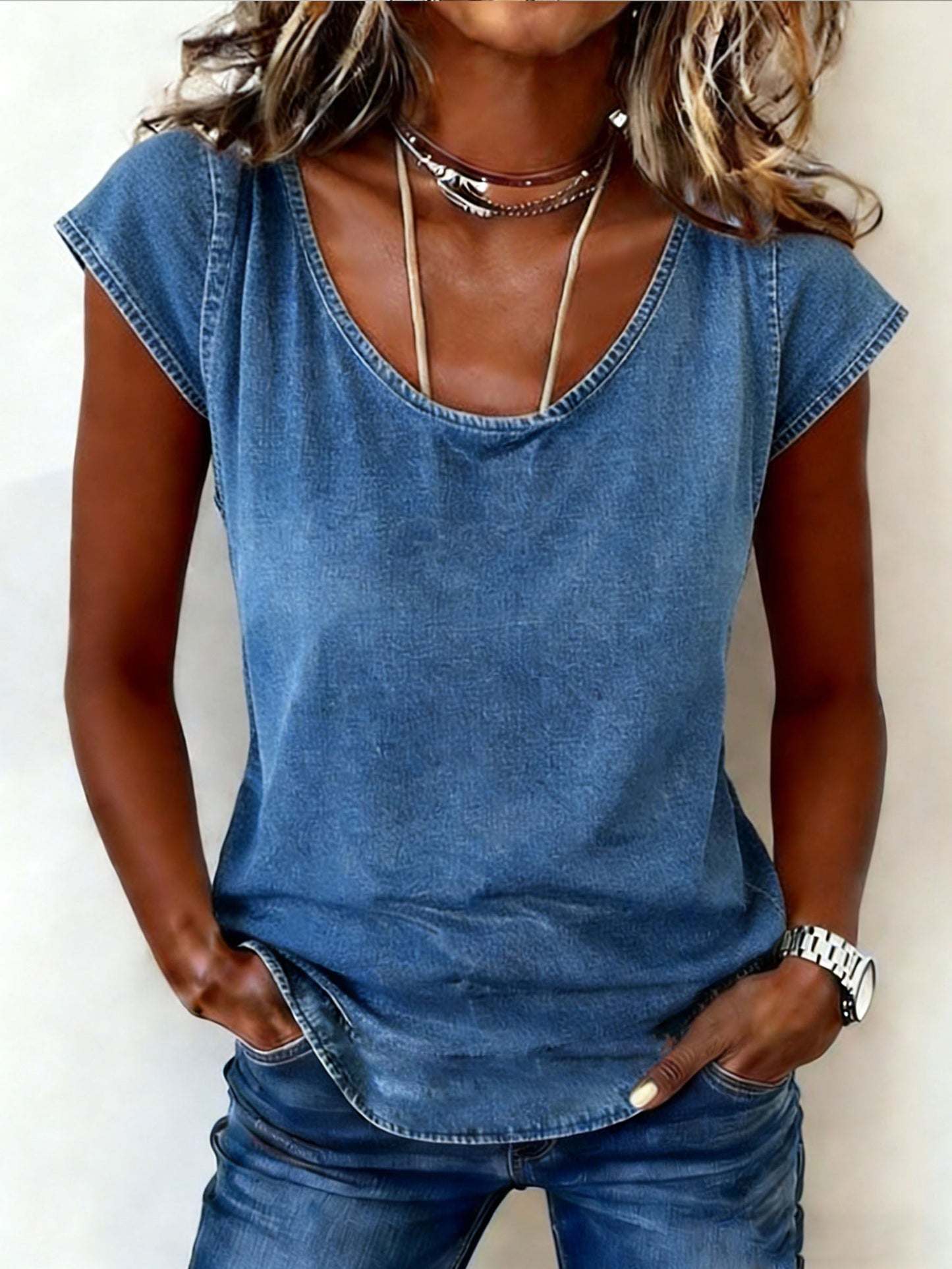 Women's Causal Short Sleeve Round-neck Denim Print T-shirt