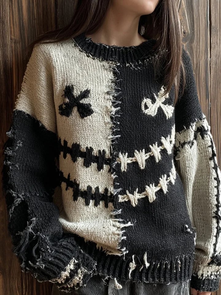 Women's Halloween Spooky Face Contrast Stitched Cozy Knit Sweater