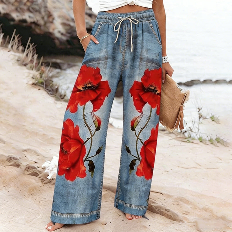 Women's Memorial Day Poppy Print Casual Wide-Leg Pants