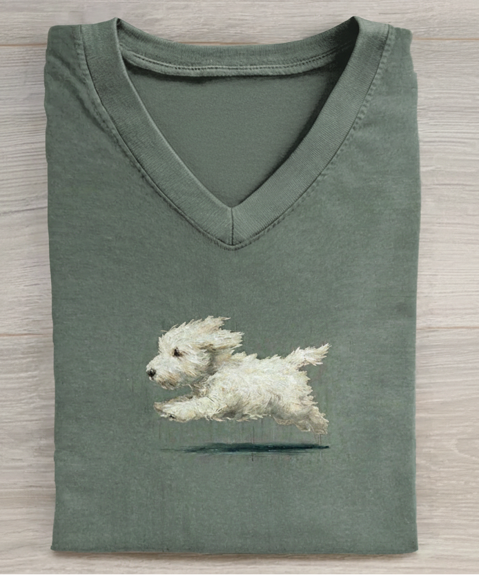 Funny Retro Cute Running White Dog Art Print V-neck Casual T-shirt