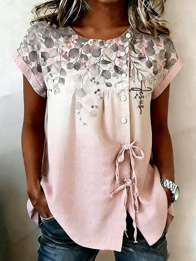 Women's Retro Floral Print Crew Neck Top