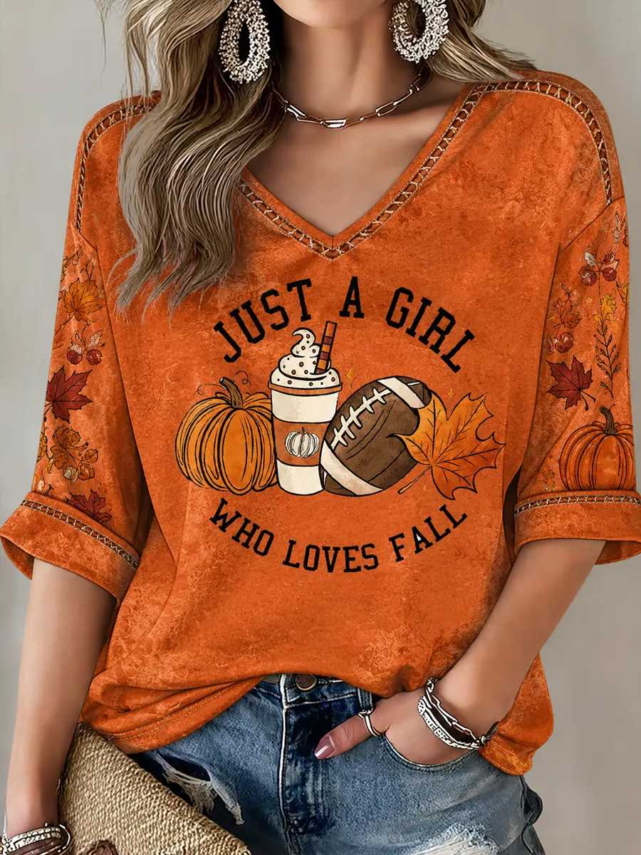 Women's Fall Printed Mid-length Sleeves V-Neck T-Shirt