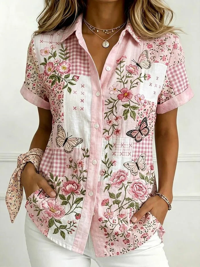 Women'S Casual Floral Short Sleeved Button Up Shirt