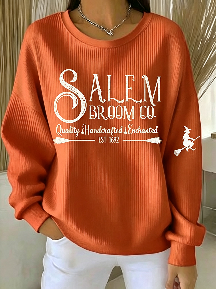 Women's Salem Broom Co EST 1692 Witch Halloween Ribbed Sweatshirt
