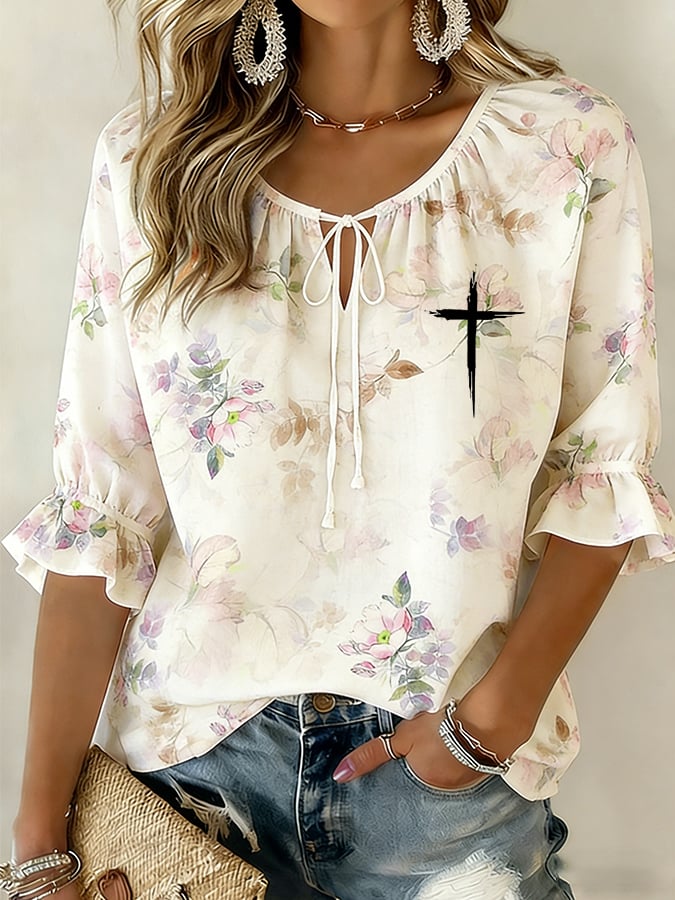 Women's Faith Cotton And Linen Floral Print Shirt
