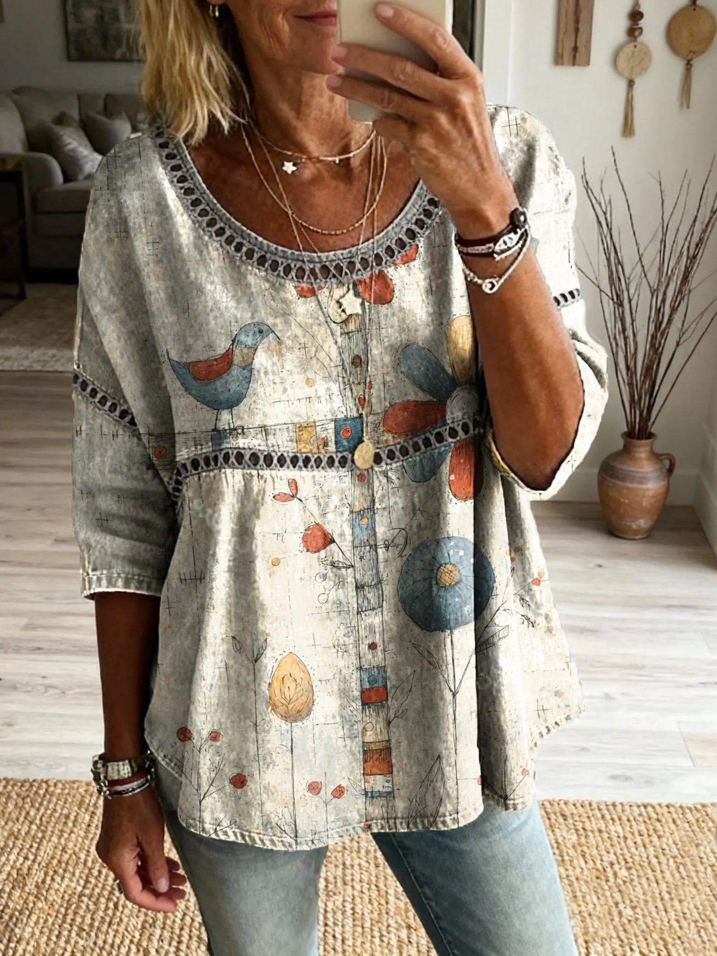 Ethnicity Bohemian Style Flowers Bird Women's Vintage Art Print Casual Round Neck Cutout Top