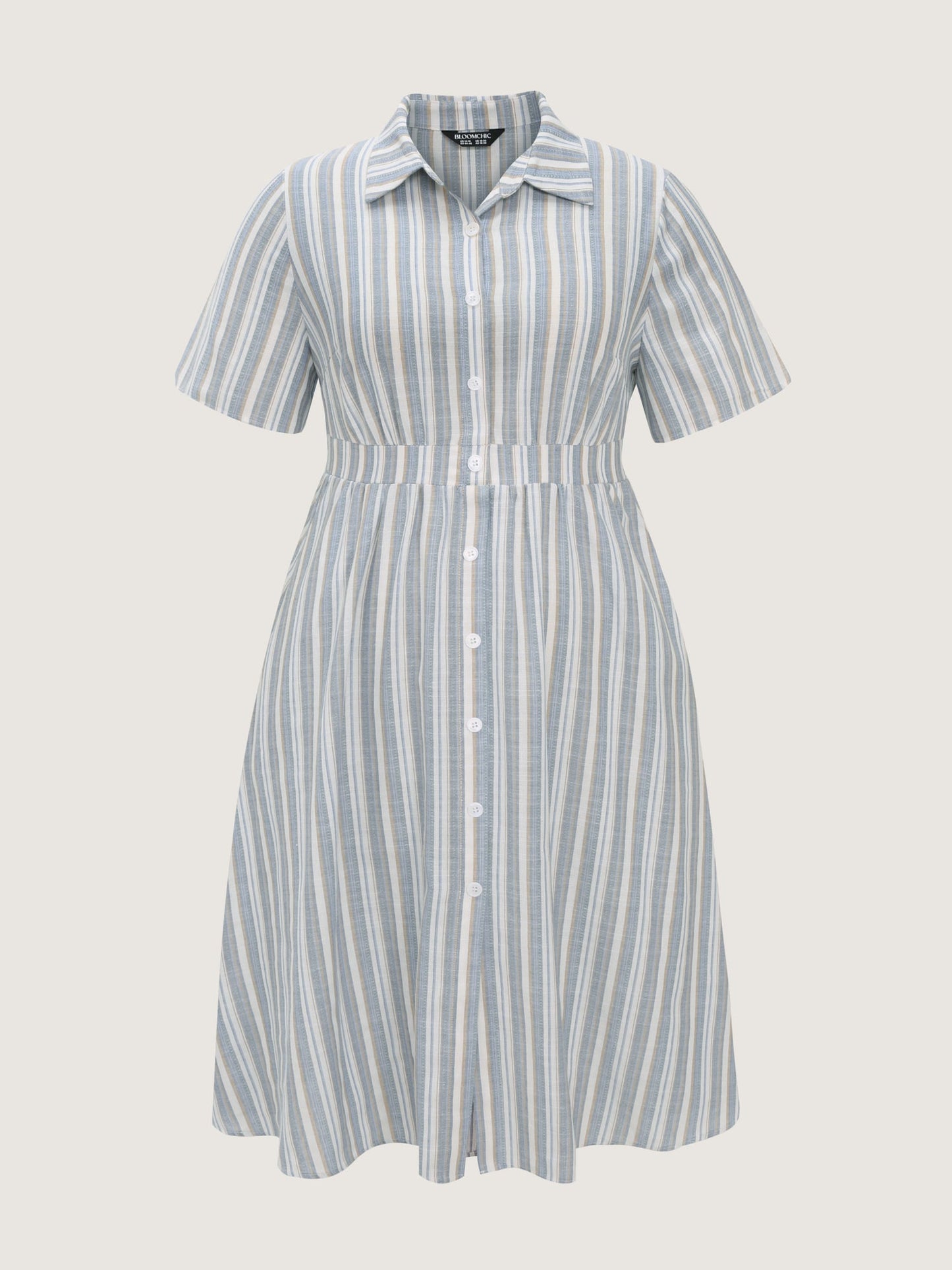 Cotton Linen Blend Striped Print Midi Dress