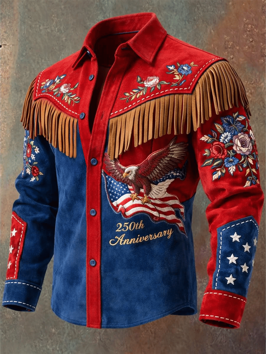 Men'S Vintage Distressed Western-Style 250th Anniversary Commemorative Printed Shirt