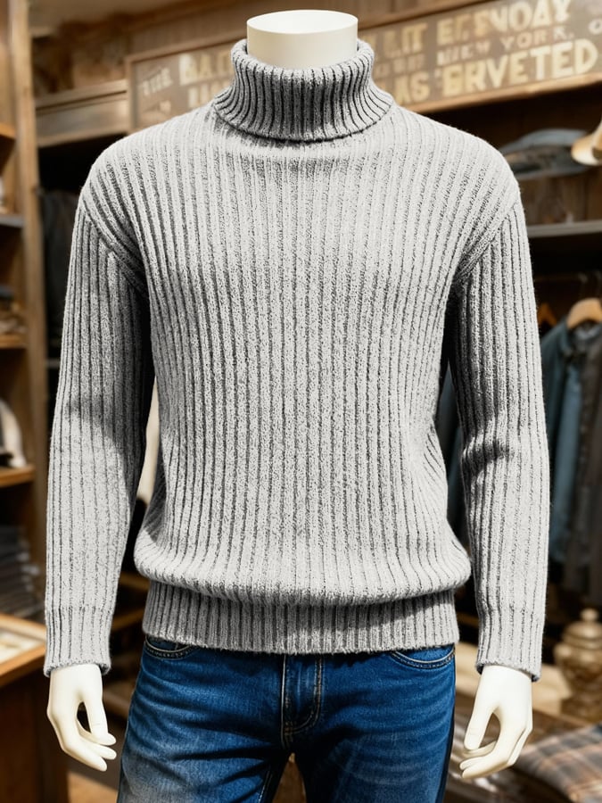 Men's Retro Warm Ribbed Turtleneck Long Sleeve Sweater