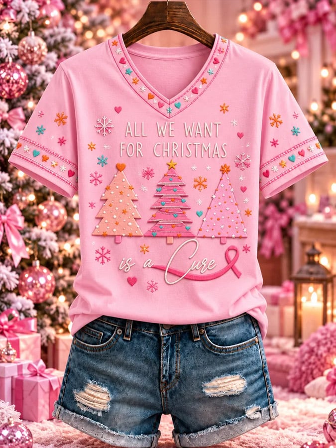 Women's Pink Christmas Short Sleeve T-shirt