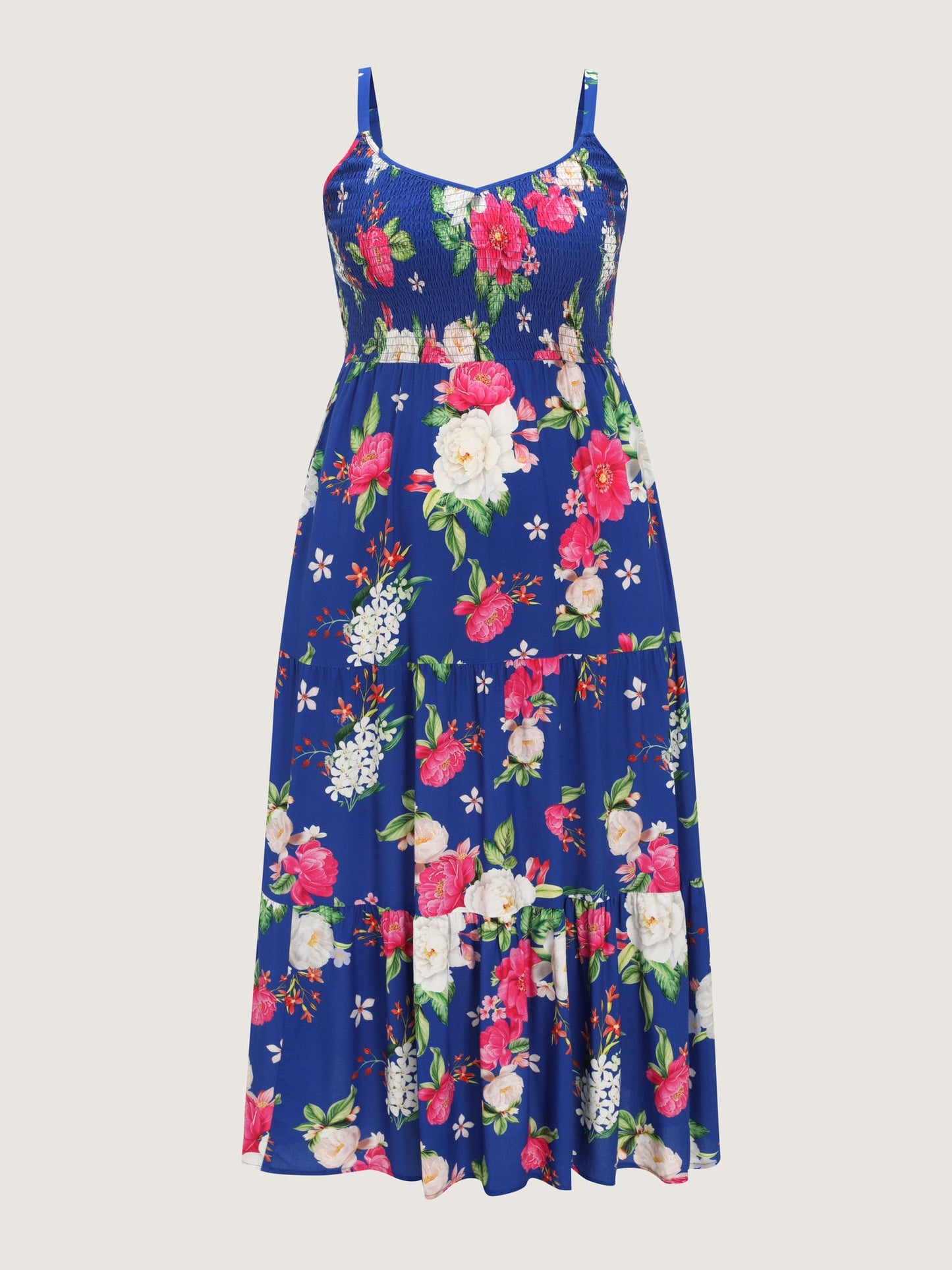 Floral Print Shirred Bodice Breezy Midi Dress