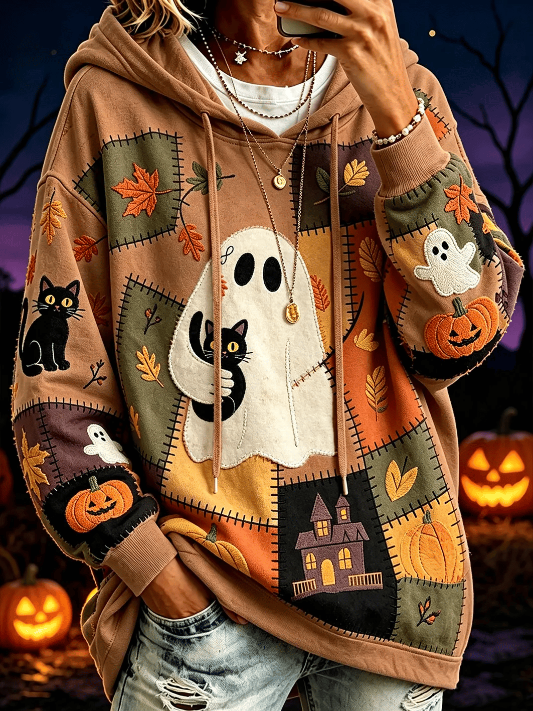 Women's Ghost Cat Print Hoodie