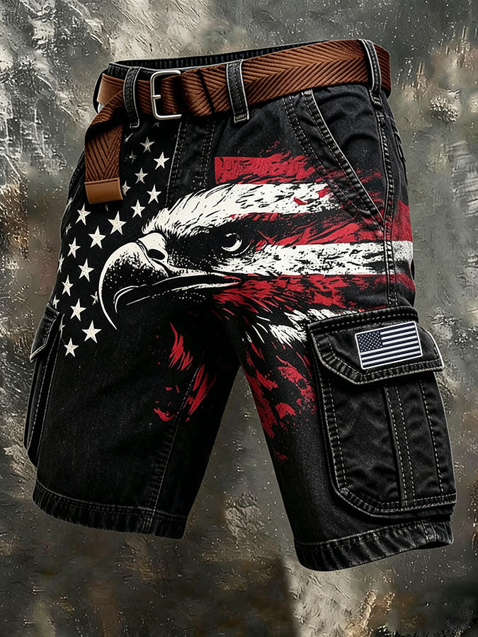 Men's Independence Day USA Flag Print Denim-Like Cargo Shorts