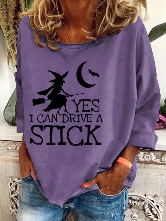 Women's Halloween Yes I Can Drive A Stick Printed Crew Neck Sweatshirt