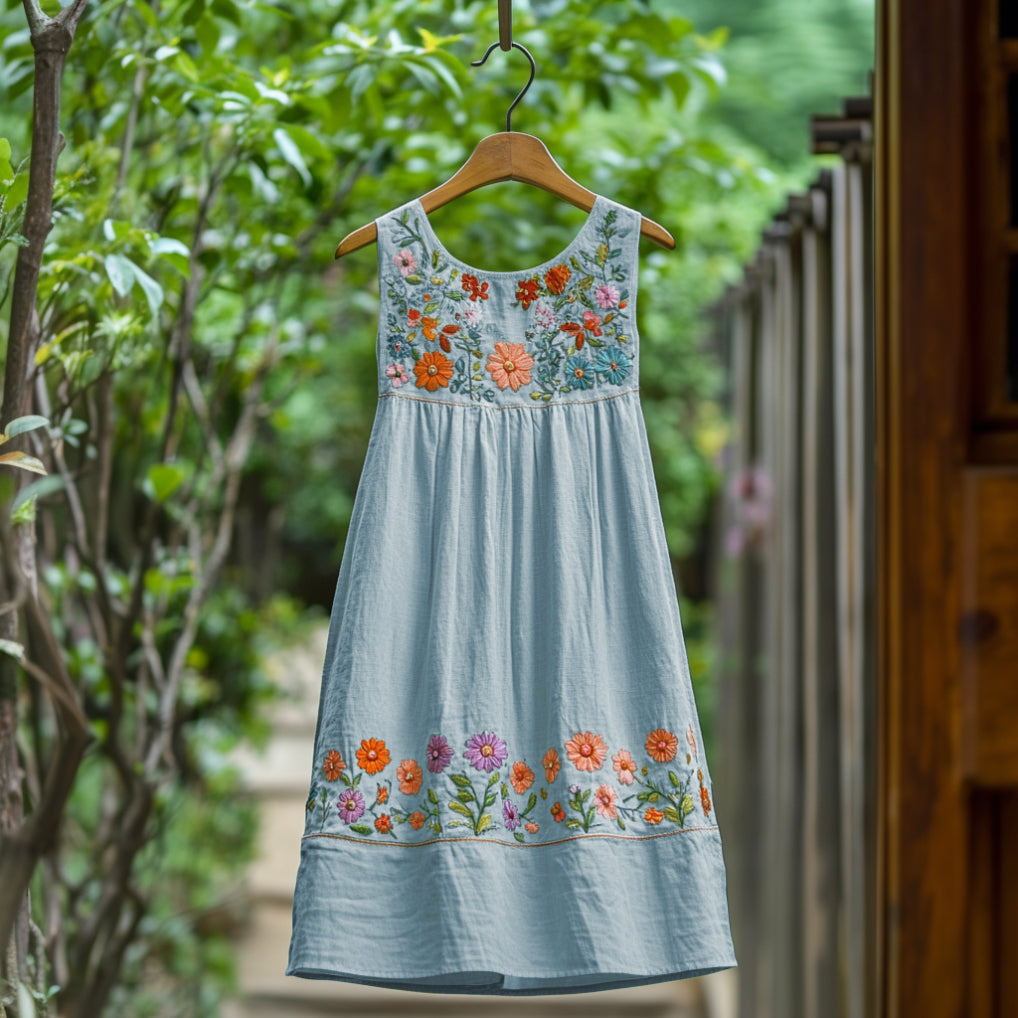 Women's Bohemian Floral Linen Sleeveless Dress
