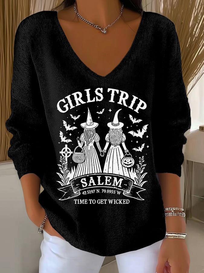🔥HOT SALE🔥Women's Girls Trip Salem Witch Print V Neck Sweater
