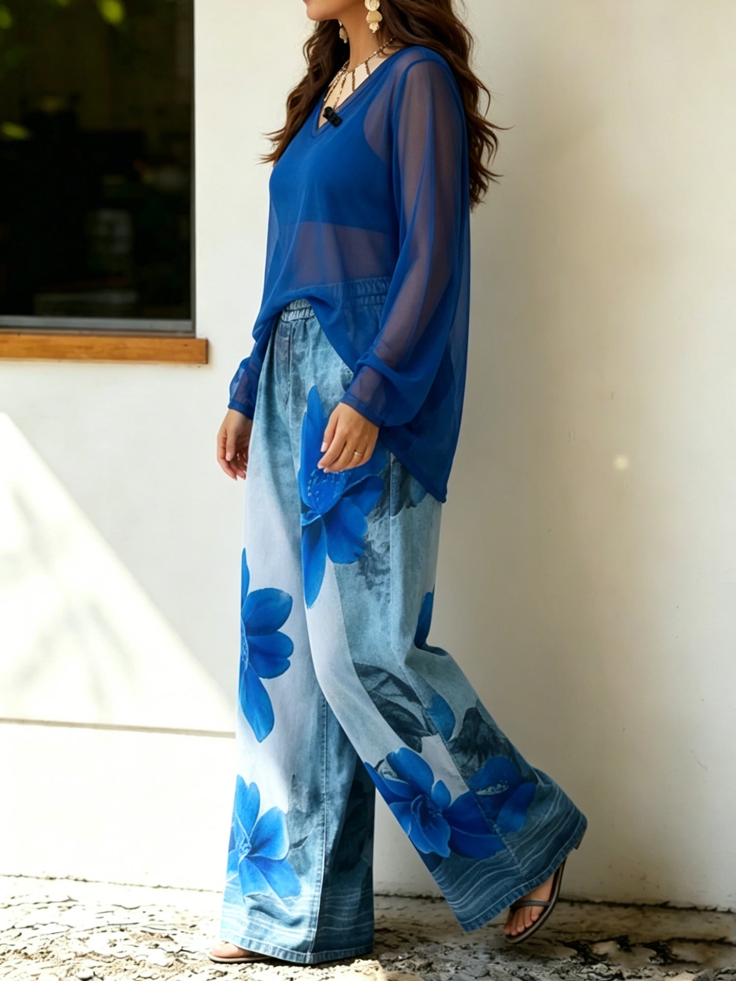 Women’s Stylish Flower Casual Wide Denim Pants